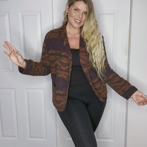 VINTAGE AZTEC BOHO PRINT EARTHY JEWEL TONES WOOL BLEND BLAZER SIZE SMALL